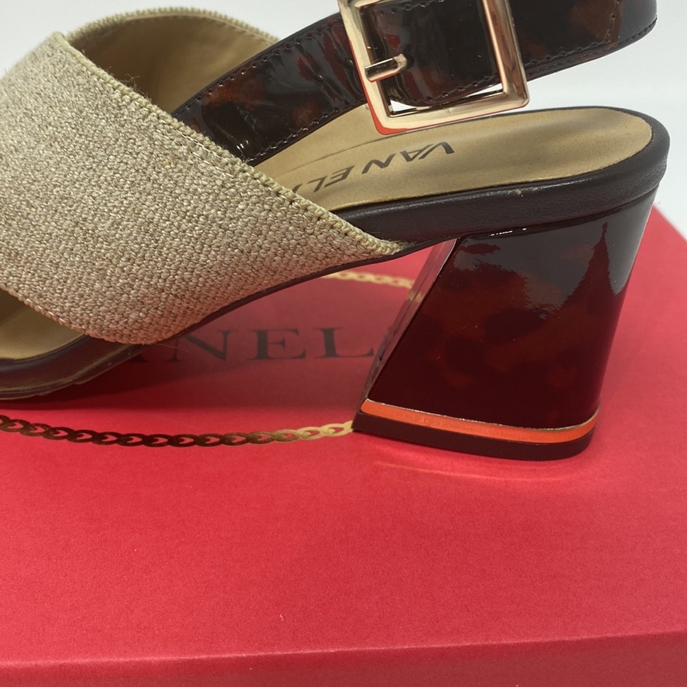 VANELI Bamba Natural Canvas Animal Print Detail Gold Trim Heel Size 7.5 Med NEW - Picture 5 of 16